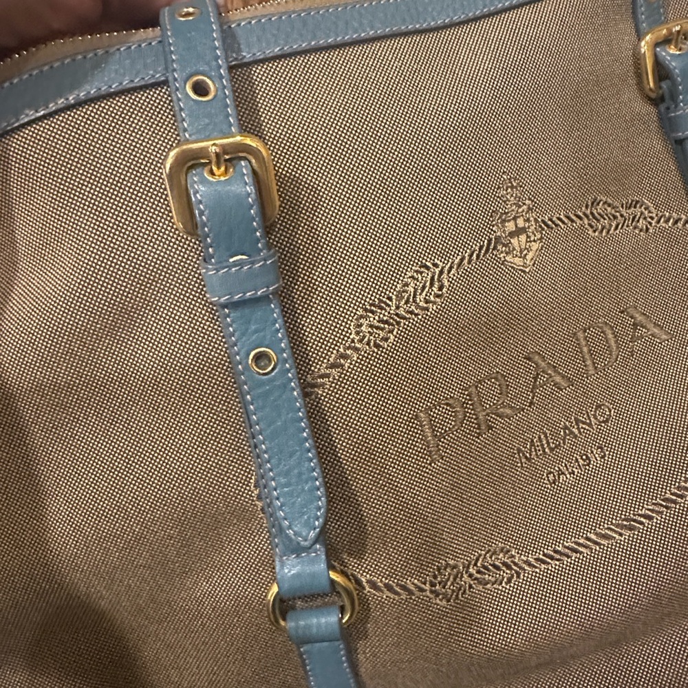 Prada Beige and Blue Handbag with Gold Accents